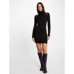 Robe Pull Ajustée Col Roulé Uni Noir Femme - Morgan